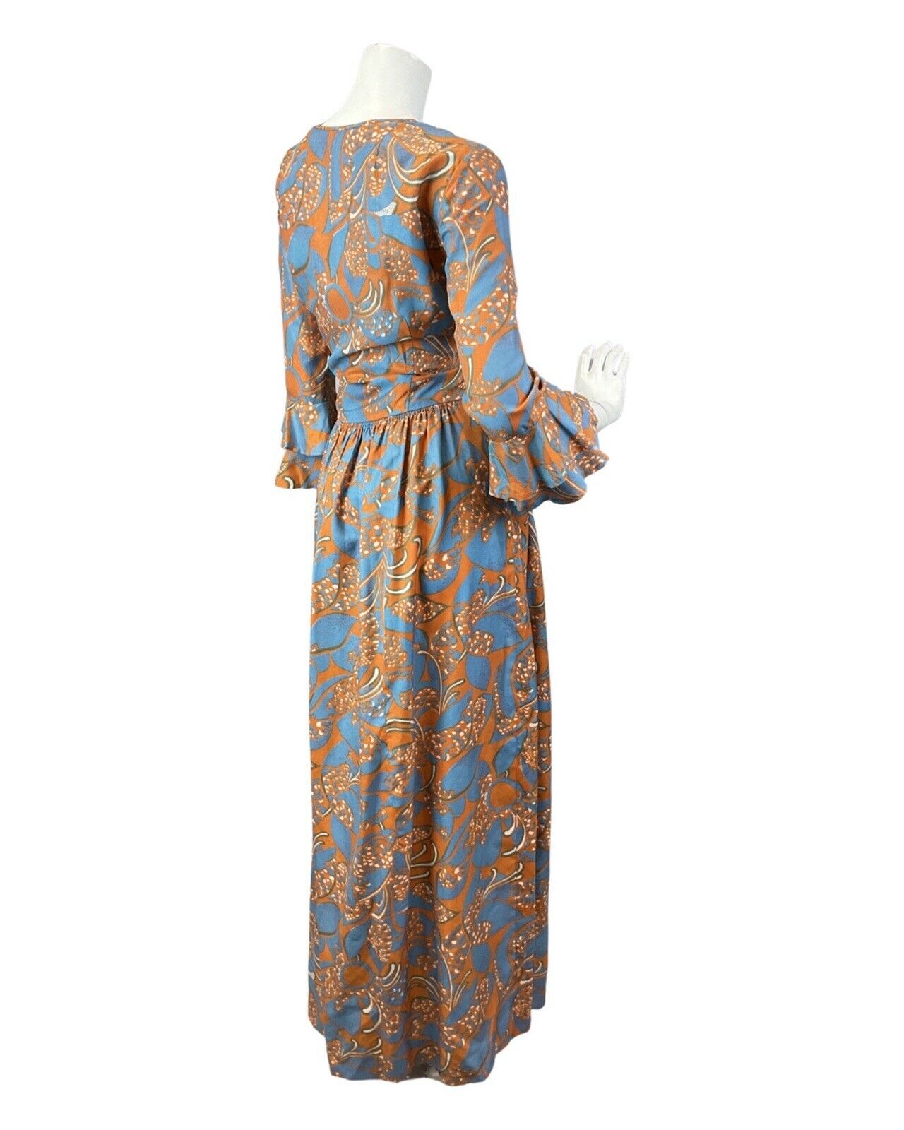 VINTAGE 60s 70s BLUE ORANGE PSYCHEDELIC FLORAL FLOUNCE SLEEVE MOD MAXI DRESS 12