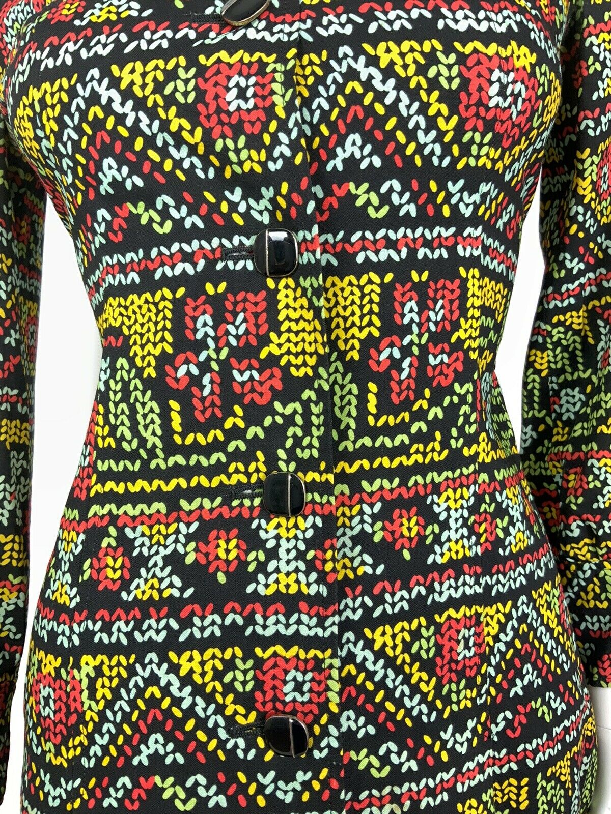 VTG 60 70s BLACK BLUE YELLOW RED FLORAL AZTEC FOLK GYPSY DAGGER SHIRT DRESS 8 10