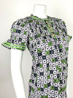 VTG 60s 70s BLUE WHITE GREEN GOLD GEOMETRIC MOD SMOCK TENT TRAPEZE DRESS 10 12