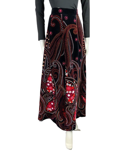 VINTAGE 60s 70s BLACK RED WHITE DOTTY DAISY PAISLEY VELVET MAXI SKIRT 4