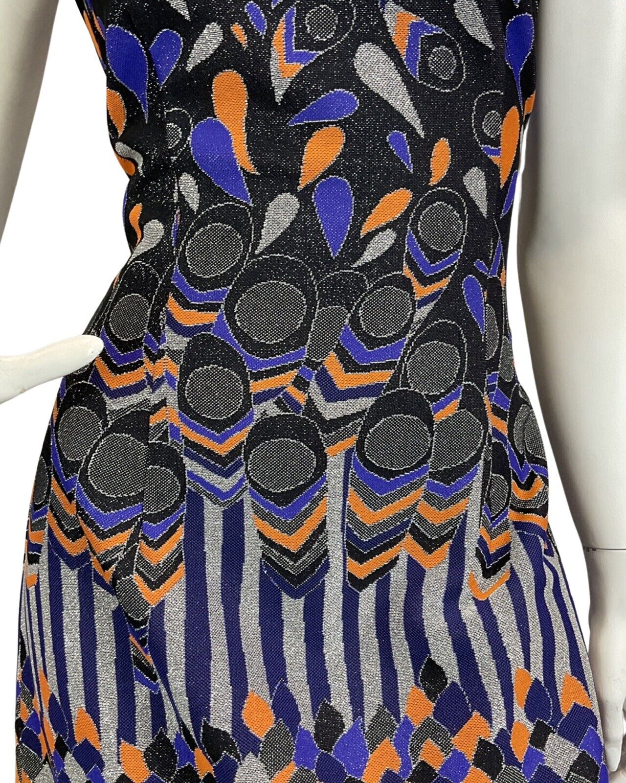 VINTAGE 60s 70s BLACK PURPLE ORANGE SILVER ABSTRACT DISCO PARTY  MAXI DRESS 12