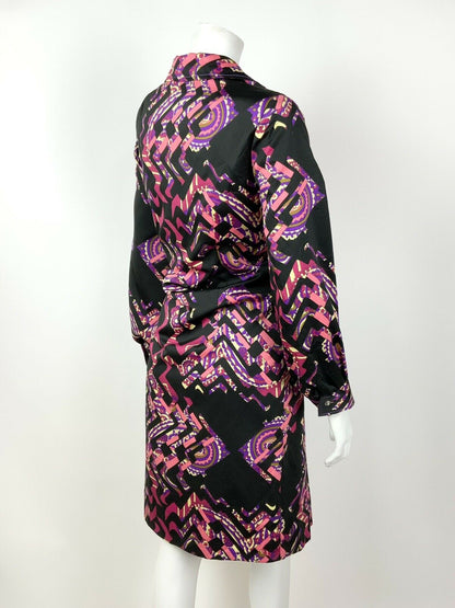 VINTAGE 60s 70s BLACK PINK PURPLE PAISLEY ZIGZAG PSYCHEDELIC SHIRT DRESS 12 14