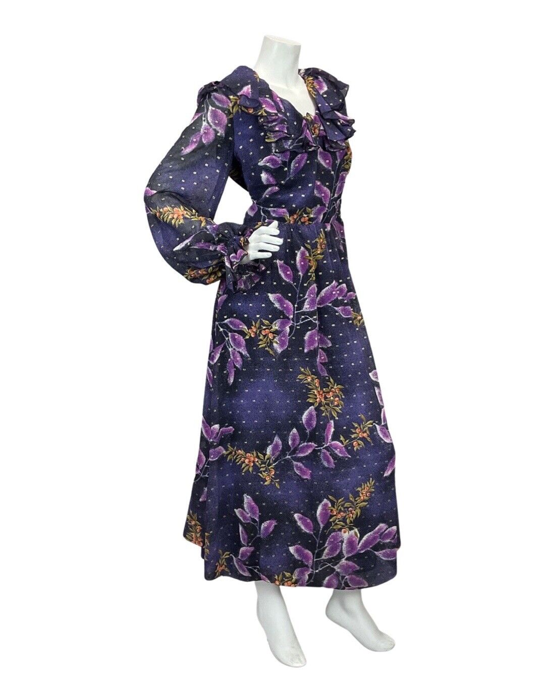 VINTAGE 60s 70s VERA MONT PURPLE NAVY BLUE GOLD LEAF PRINT RUFFLED MAXI DRESS