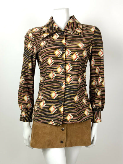 VINTAGE 60s 70s BLACK BROWN CREAM GOLD STRIPED GEOMETRIC DAGGER SHIRT 14