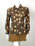 VINTAGE 60s 70s BLACK BROWN CREAM GOLD STRIPED GEOMETRIC DAGGER SHIRT 14