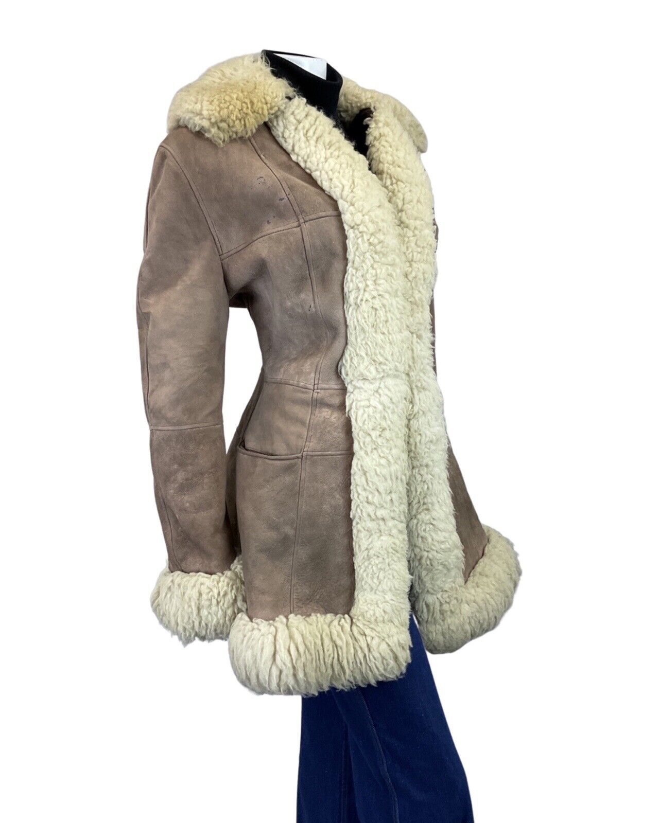 VINTAGE 60s 70s PEANUT BROWN CREAM SUEDE BOHO PENNY LANE SHEARLING COAT 14 16