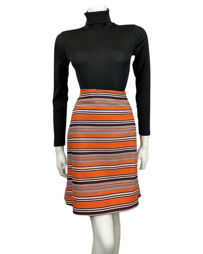 VINTAGE 60s 70s ORANGE BLACK WHITE BLUE STRIPED MOD SHORT SKIRT 14