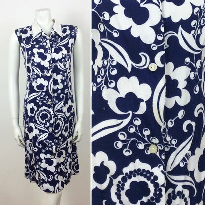 60S VINTAGE COTTON BLUE WHITE FLORAL PATTERN MINI DRESS 14 16