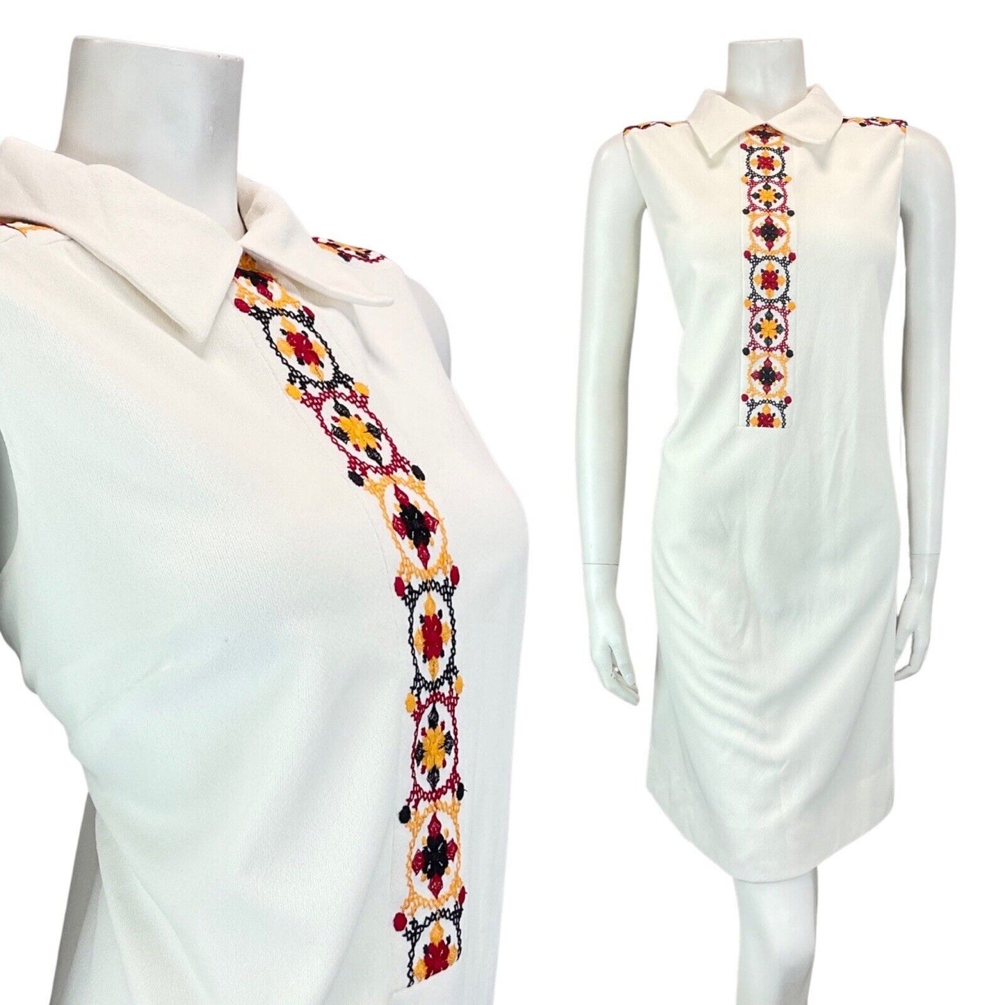 VTG 60s 70s WHITE RED BLACK EMBROIDERED CROSS-STITCH MOD SLEEVELESS DRESS 12 14