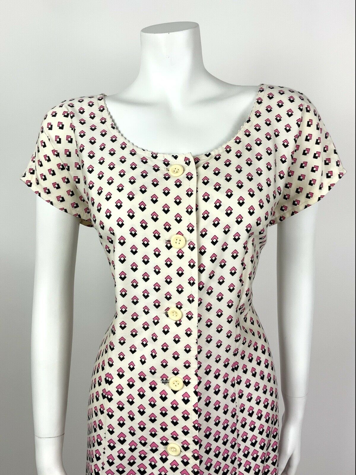 VINTAGE 60s 70s WHITE PINK BLACK GEOMETRIC SQUARE MIDI DRESS 14 16