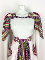 VTG 70S WHITE PINK GREEN COTTON KAFTAN DASHIKI FESTIVAL CAPE SLEEVE DRESS 6