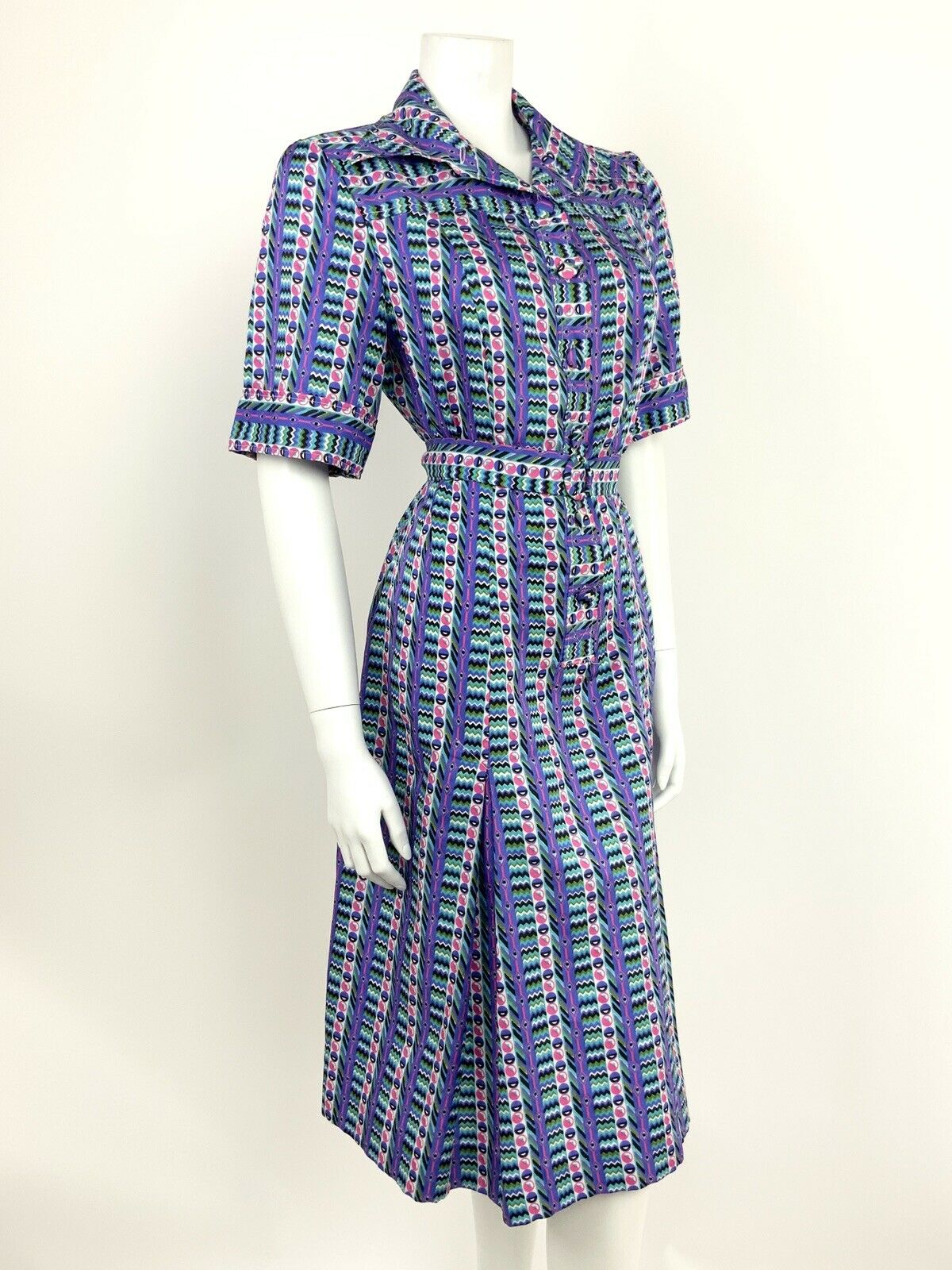 VTG 70s PURPLE PINK TEAL BLACK WHITE CHEVRON GEOMETRIC SHIRT DRESS 12 14 16