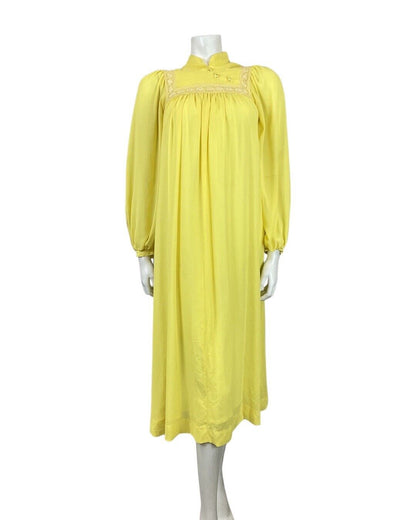 VINTAGE 70s PASTEL YELLOW LACE BOHO PRAIRIE EMPIRE LINE FLARED MIDI DRESS 8