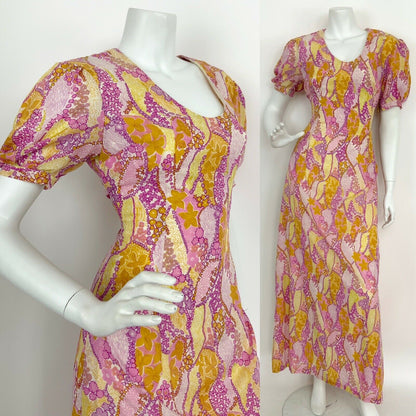 VTG PINK YELLOW PURPLE WHITE FLORAL STAR PSYCHEDELIC PUFF MAXI DRESS 10