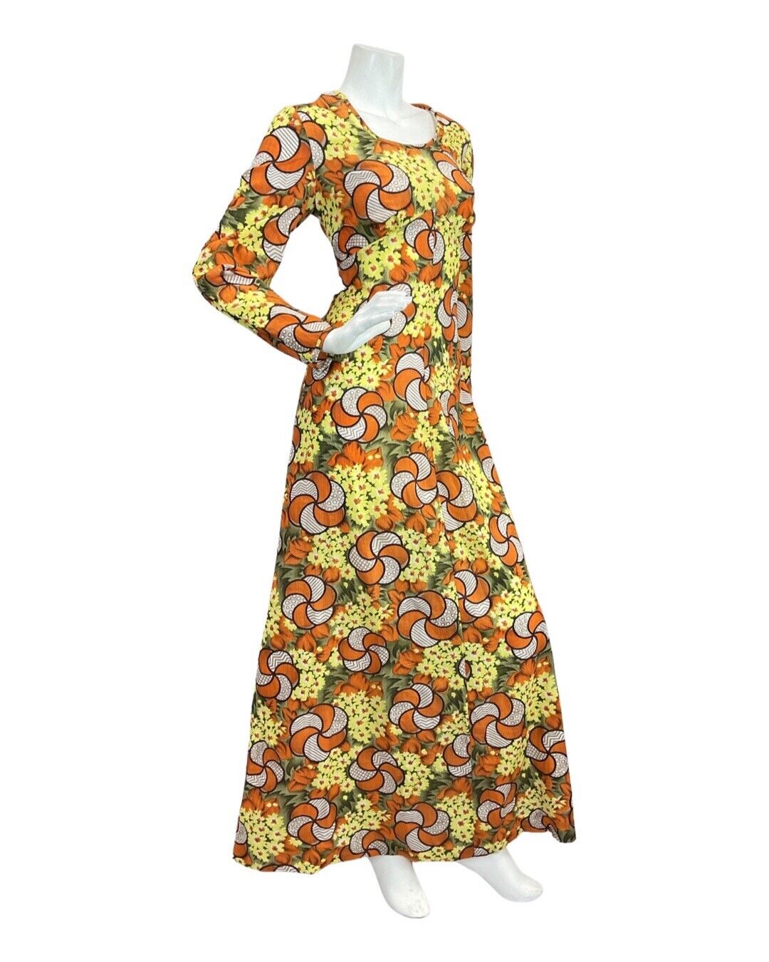 VINTAGE 60s 70s ORANGE YELLOW GREEN PSYCHEDELIC FLORAL SPIRAL MOD MAXI DRESS 12