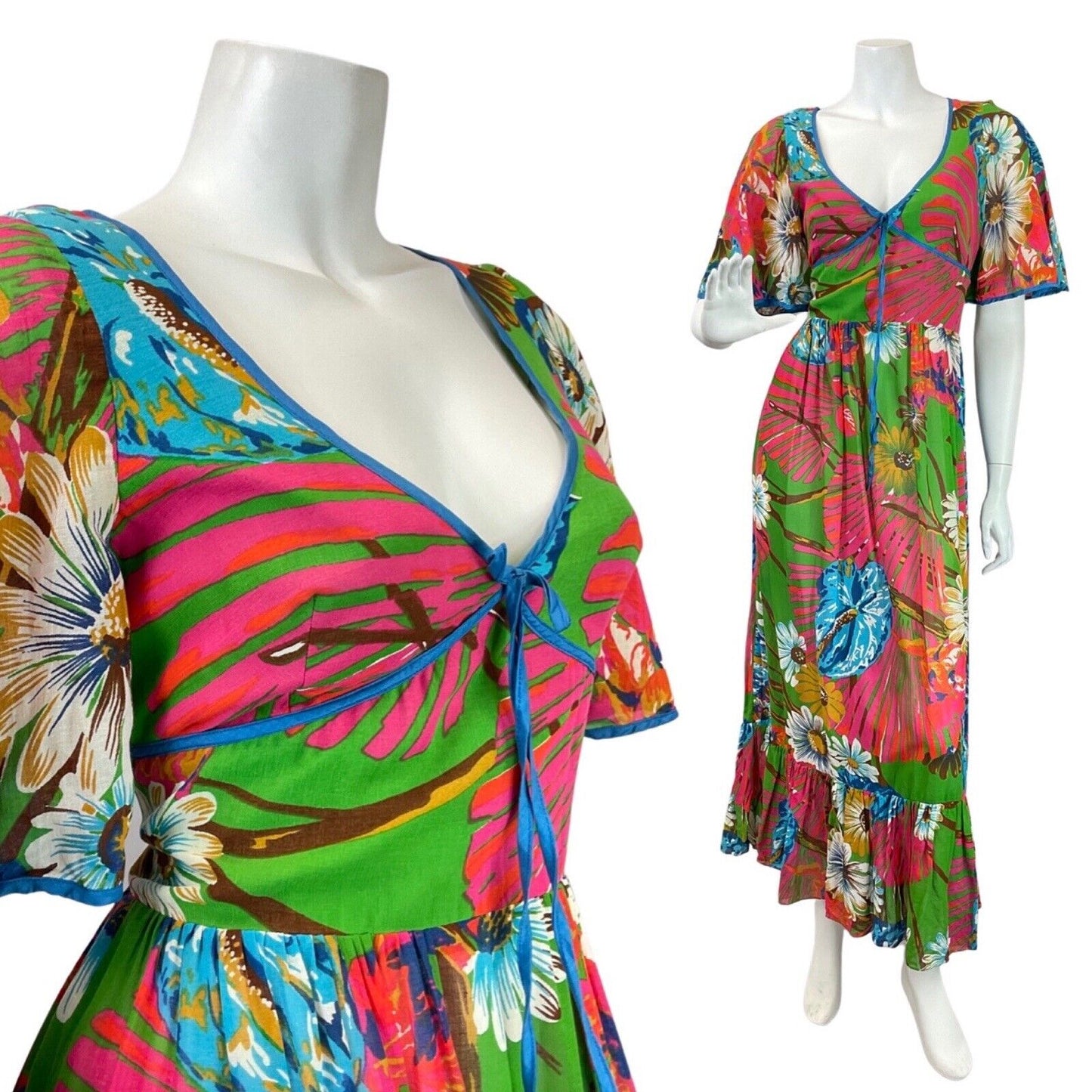 VINTAGE 60s 70s GREEN PINK BLUE FLORAL PSYCHEDELIC COLIN GLASCOE MAXI DRESS 8