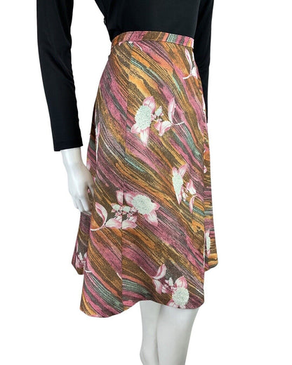 VINTAGE 60s 70s ORANGE PINK BROWN STRIPED FLORAL KNEE-LENGTH FLARED SKIRT 12