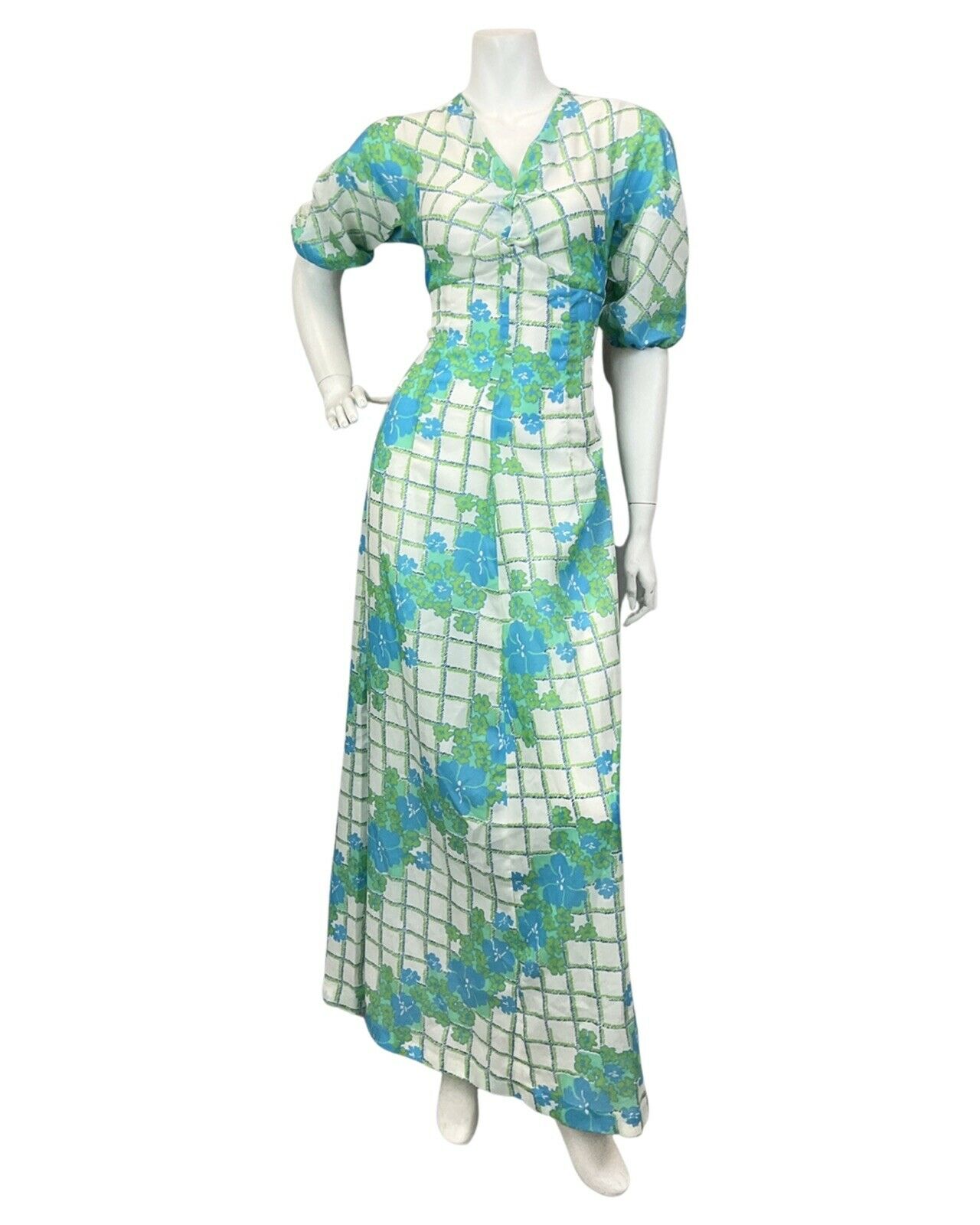 VINTAGE 60s 70s WHITE BLUE GREEN CHECKED FLORAL MOD MAXI DRESS 10 12