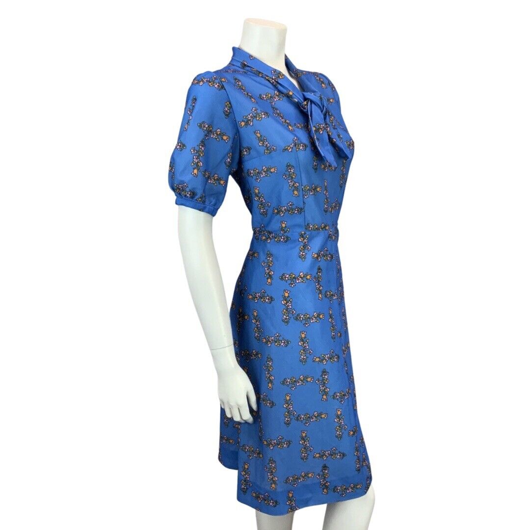 VINTAGE 60s 70s BLUE PINK ORANGE FLORAL BOW TIE MOD MINI DRESS 8 10