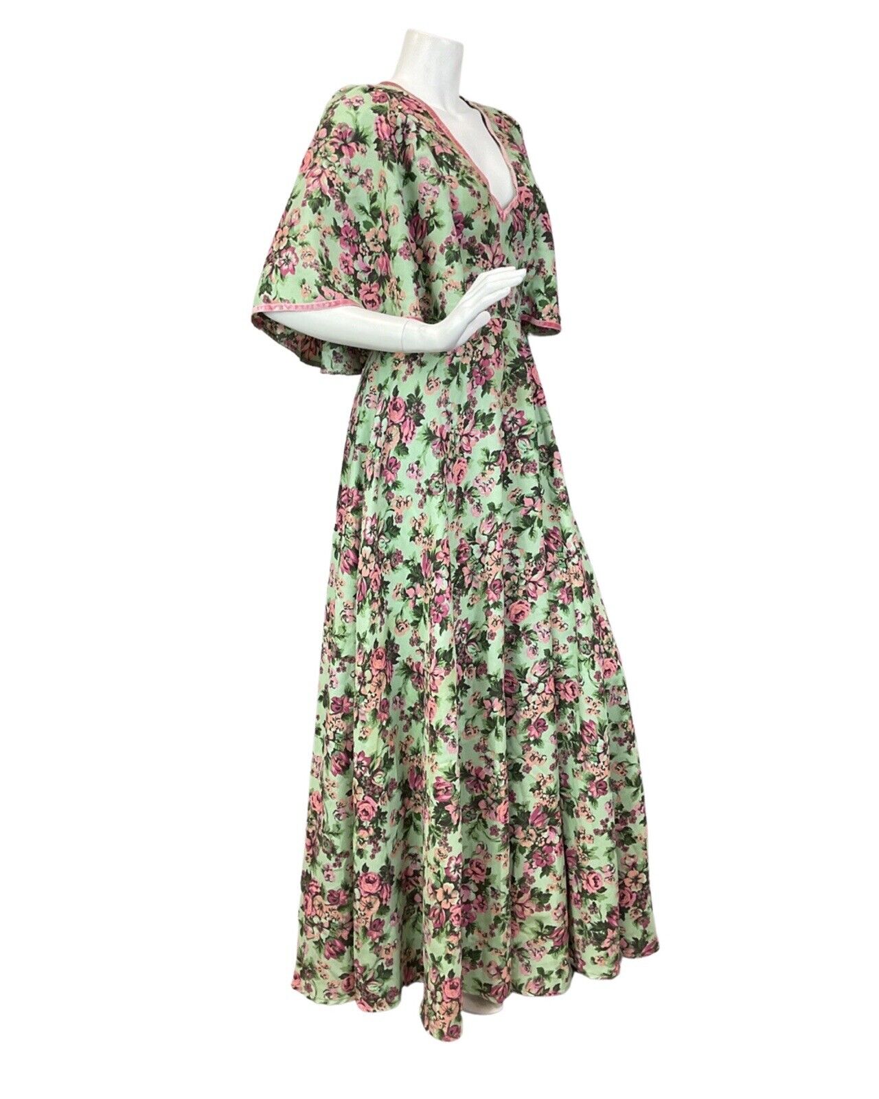 VINTAGE 60s 70s GREEN PINK ROSE FLORAL CAPE SLEEVE BOHO SUMMER MAXI DRESS 8 10