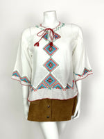 VTG 70s WHITE RED BLUE GREEN AZTEC GEOMETRIC EMBROIDERED BOHO ETHNIC TOP 10 12