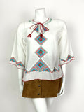 VTG 70s WHITE RED BLUE GREEN AZTEC GEOMETRIC EMBROIDERED BOHO ETHNIC TOP 10 12