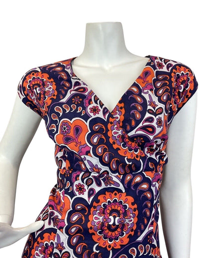 VINTAGE 60s 70s PURPLE BLUE ORANGE PSYCHEDELIC FLORAL PAISLEY MAXI DRESS 16 18