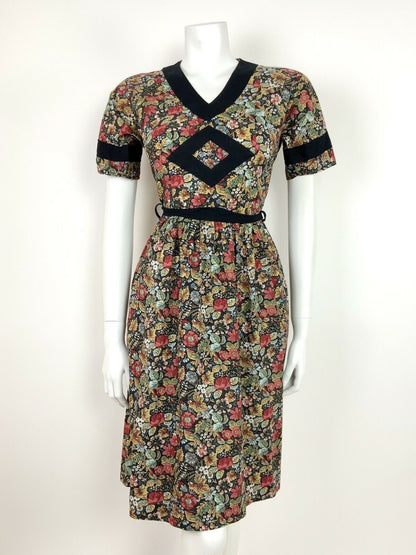 VTG 60s 70s FOLK BLACK RED BLUE YELLOW FLORAL LEAF DITSY DRESS 10 12