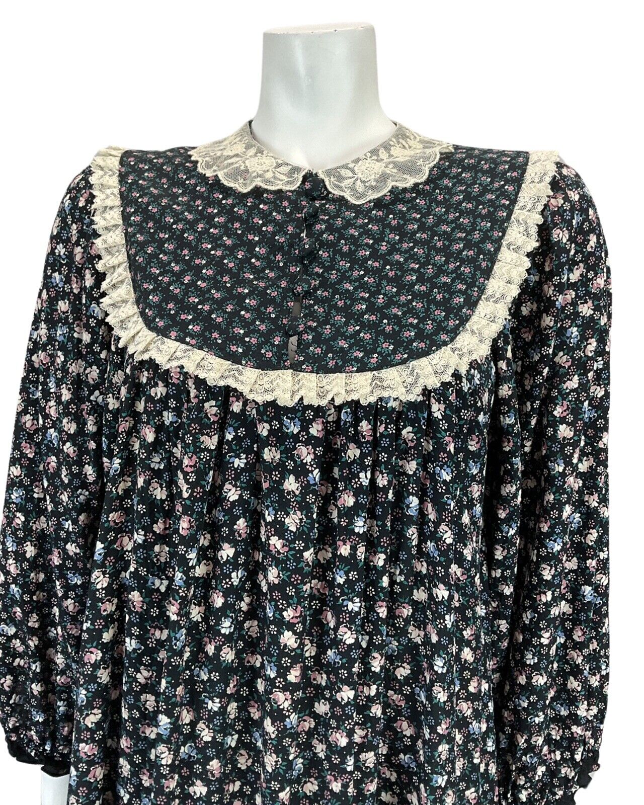 VINTAGE 60s 70s NAVY BLUE PINK WHITE FLORAL FOLK BOHO RUFFLE MIDI DRESS 12 14