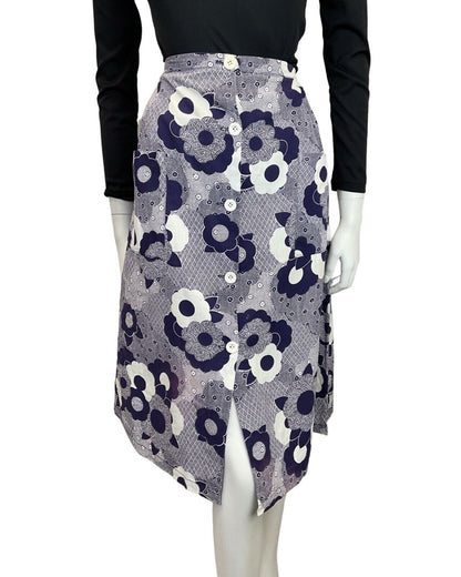 VINTAGE 60s 70s BLUE WHITE FLORAL DAISY GEOMETRIC MOD A-LINE MIDI SKIRT 8