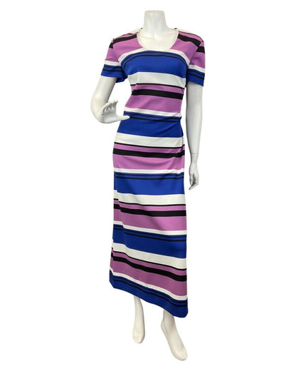 VINTAGE 60s 70s PURPLE BLUE WHITE STRIPED MOD MAXI DRESS 14 16