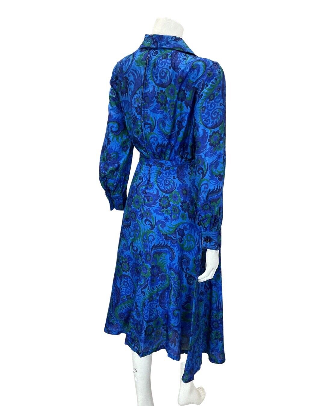 VINTAGE 60s 70s BLUE GREEN PSYCHEDELIC FLORAL FEATHER MOD SILK SHIRT DRESS 8 10