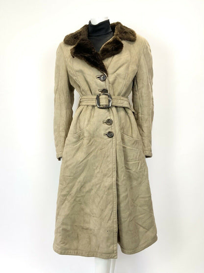 VTG 60s 70s SAND BEIGE BROWN SUEDE SHEARLING BELTED MOD PRINCESS COAT 14 16