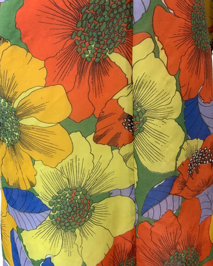 VINTAGE YELLOW ORANGE BLUE GREEN FLORAL PRINT FLOATY MIDI DRESS 14