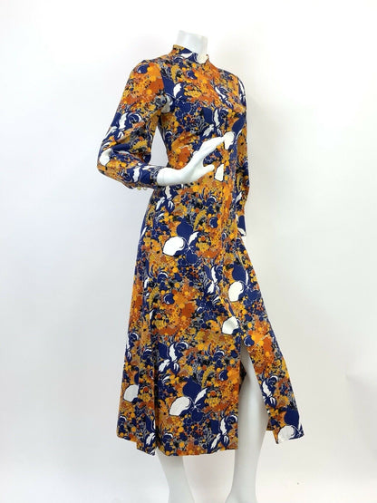 VINTAGE 60s 70s BLUE ORANGE YELLOW PSYCHEDELIC FLORAL DOTTY MOD MIDI DRESS 8