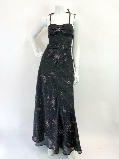 VINTAGE 60s 70s BLACK CREAM PINK ABSTRACT FLORAL SPAGHETTI STRAP MAXI DRESS 8