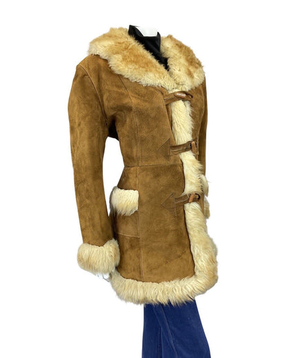 VINTAGE 60s 70s TOFFEE BROWN CREAM SUEDE BOHO PENNY LANE SHEARLING COAT 14 16