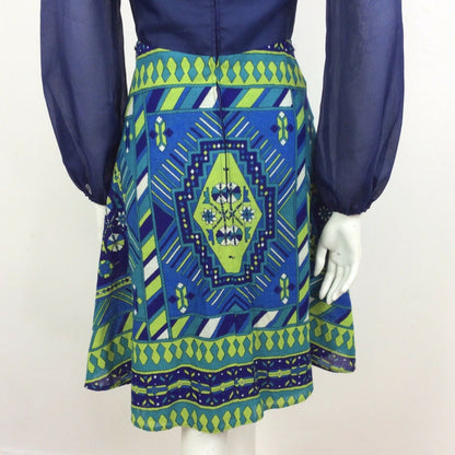 60S 70S VINTAGE PSYCHEDELIC GREEN BLUE COTTON SILKY MINI DRESS 6