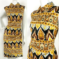 VINTAGE 60s 70s BROWN BRONZE GOLD BLACK WHITE AZTEC GEOMETRIC DRESS 12 14 16