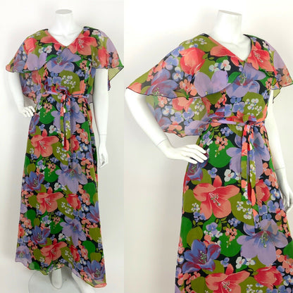 VINTAGE 60s 70s FLORAL MAXI SUMMER DRESS CAPE SLEEVE BLACK GREEN PURPLE PINK 10