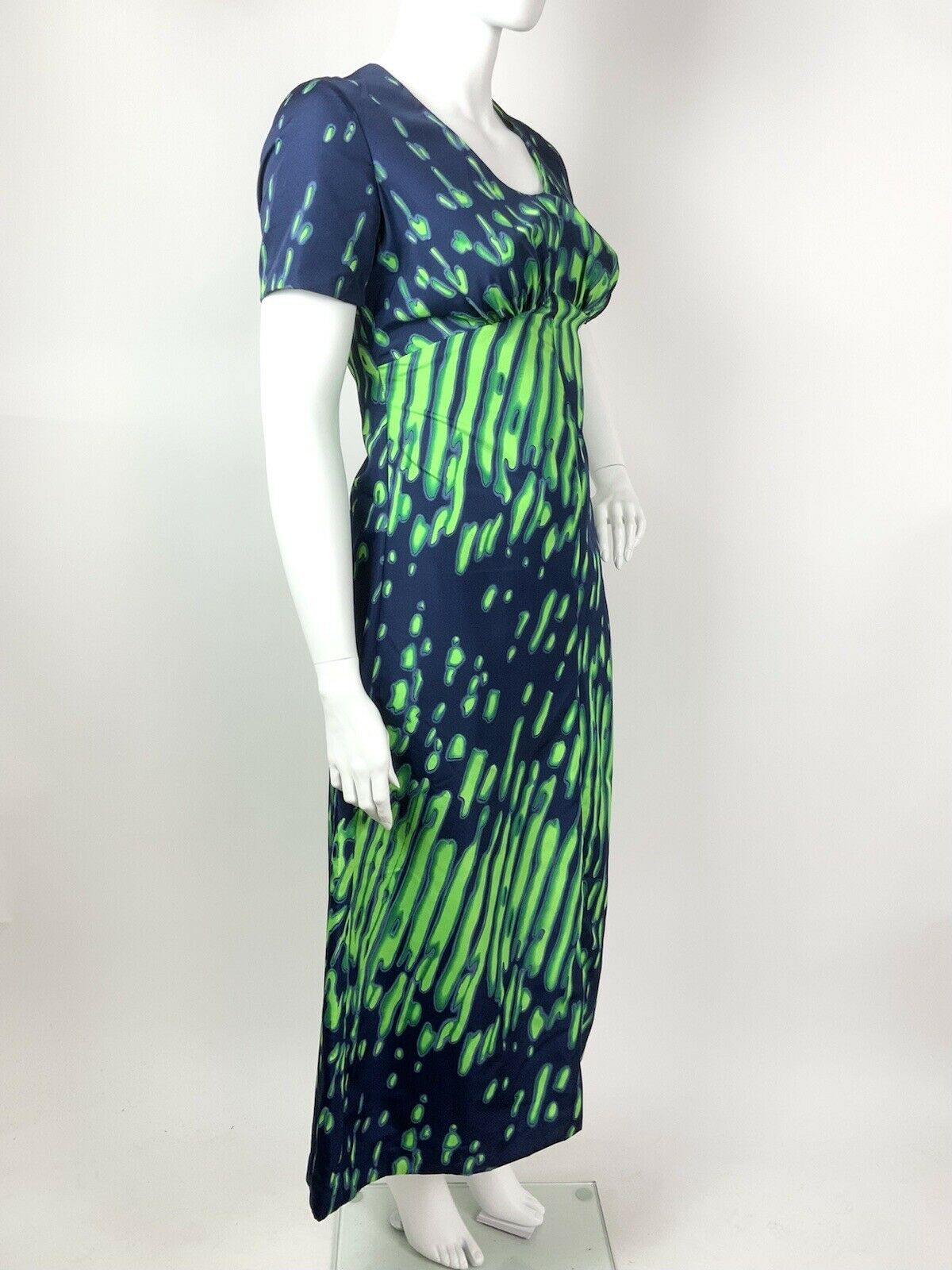 VINTAGE 60s 70s NAVY BLUE NEON LIME GREEN PSYCHEDELIC STRIPED MAXI DRESS 16 18