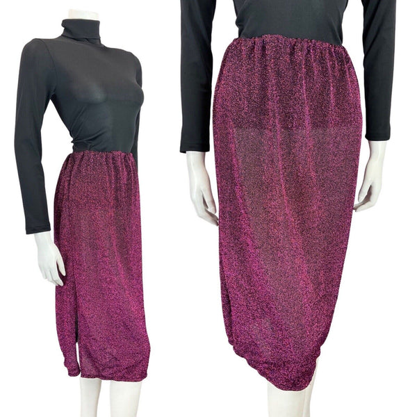 VINTAGE 60s 70s PURPLE BLACK GLITTER DISCO PARTY SHEER KNEE-LENGTH SKIRT 8 10