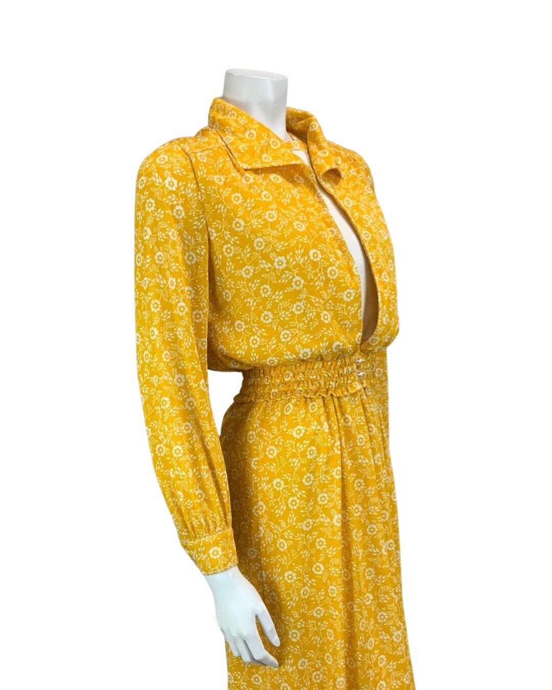 VTG MUSTARD YELLOW WHITE FLORAL PRINT TWO PIECE JACKET DRESS 60s 70s 10