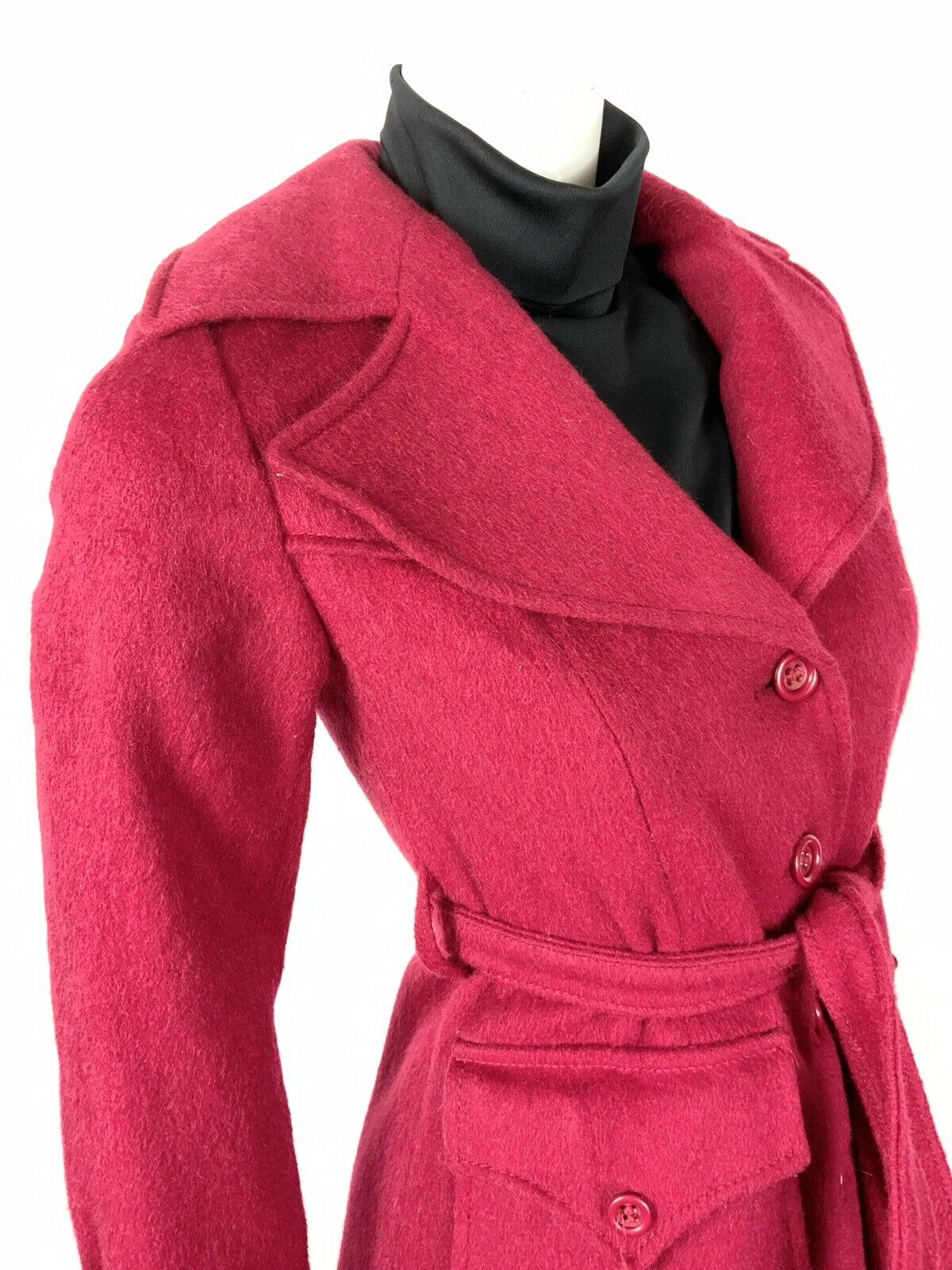 VINTAGE 60s 70s RED OVERSIZED COLLAR BELTED WOOL PRINCESS COAT 8 10