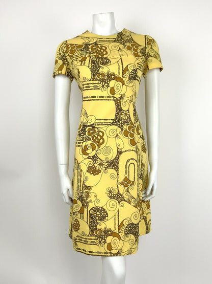 VTG 60s 70s PASTEL YELLOW BLACK BROWN ABSTRACT FLORAL SWIRL A-LINE DRESS 10 12