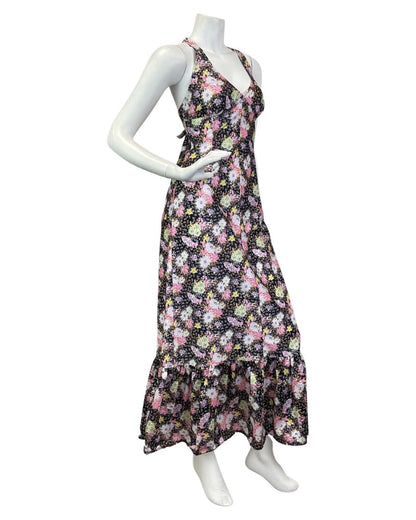 VINTAGE 60s 70s BLACK PINK YELLOW FLORAL DITSY RUFFLED HALTER MAXI DRESS 8 10