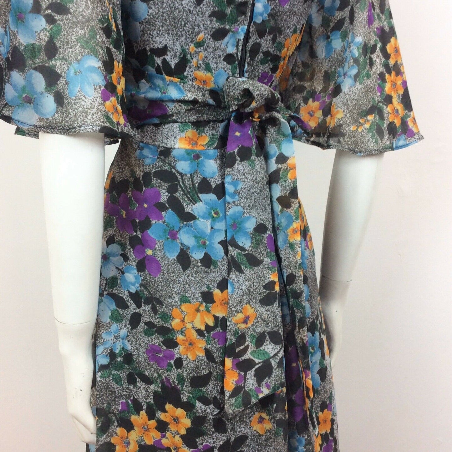 70S VINTAGE GREY GREEN BLUE PURPLE YELLOW FLOWER MAXI DRESS 10