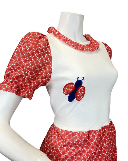 VTG 60s 70s RED WHITE BLLUE DOTTY LADYBIRD MUSHROOM MOD PRAIRIE MAXI DRESS 8 10