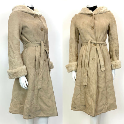 VTG 60s 70s SAND BEIGE SUEDE SHEARLING BELTED HOODED MOD BOHO PRINCESS COAT 8 10