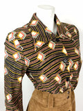 VINTAGE 60s 70s BLACK BROWN CREAM GOLD STRIPED GEOMETRIC DAGGER SHIRT 14